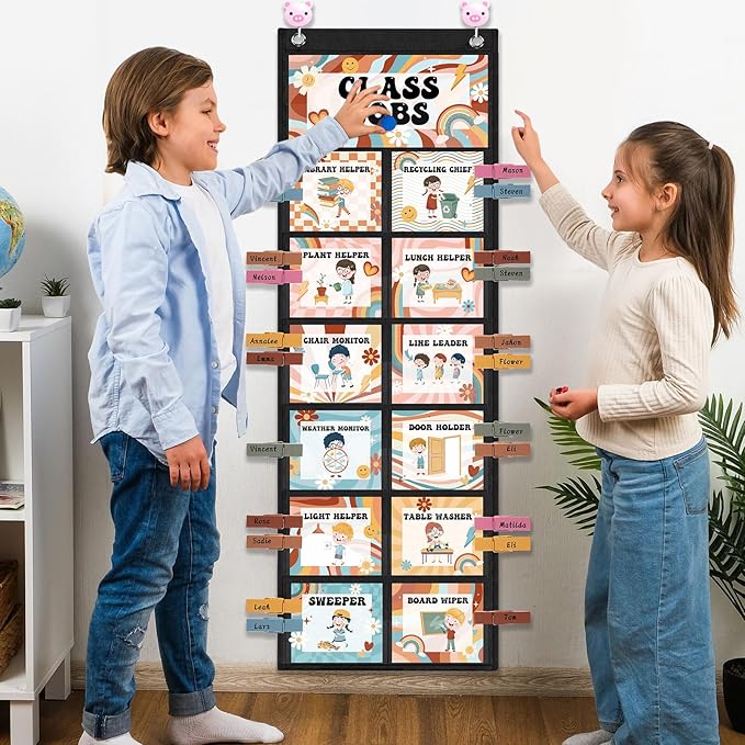 Pasimy Groovy Class Jobs Pocket Chart Class Helpers Pocket Chart Classroom Jobs Cards with Clips and Hooks Teacher Helper Bulletin Board Set for Back to School Classroom Teacher Supplies