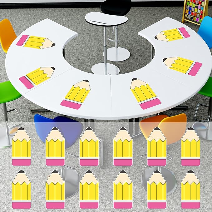 Whaline 12 Pcs Pencil Dry Erase Dots Removeable Vinyl Sticker Spots Yellow Pink Pencil Shape Dry-Erase Board Stickers for Back to School Whiteboards Desks Wall Teaching Supplies