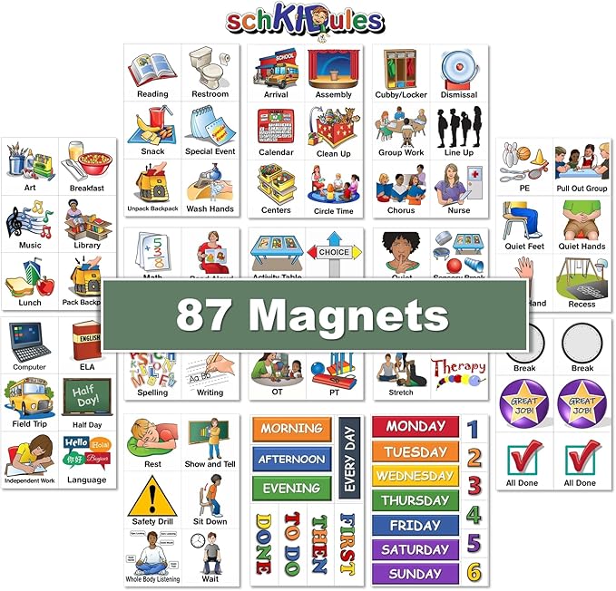 SchKIDules 87-Pc Visual Schedule Magnets (School Collection) | Sized for Individual/Small Group Use | Special Ed & IEP Support | 66 (2x2) Activity Icons + 21 Headings | Available in English & Spanish