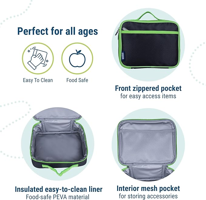 Wildkin Kids Insulated Lunch Box, Keeps Food Hot or Cold, BPA-Free with Mesh Pockets & Easy-Clean Lining – Ideal for School, Travel & Daycare – Rip-Stop Black/Green
