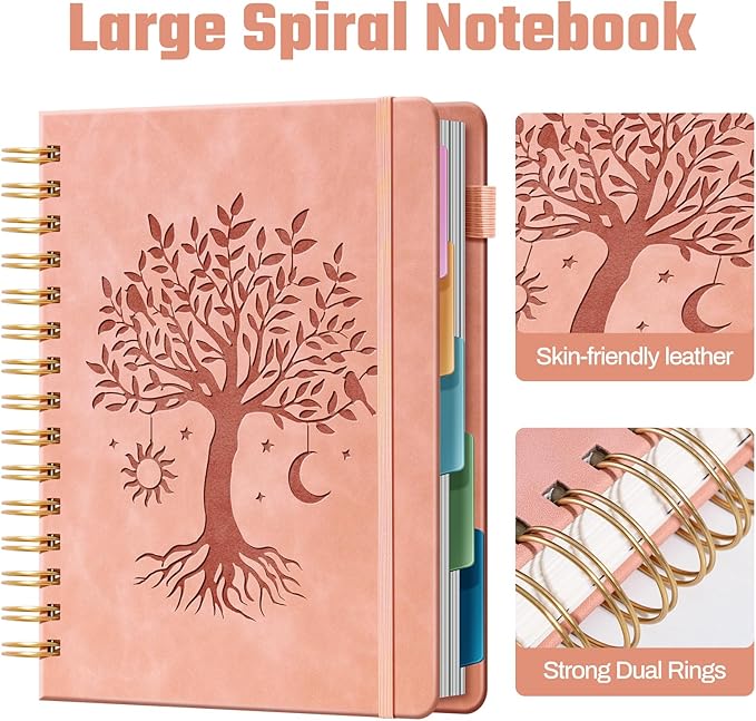 Ovesmusl Hardcover Spiral Notebook 6.1" x 8.4" with 5 Removable Dividers 300 Pages Leather 5 Subject Notebook College Ruled 100GSM Large Spiral Notebooks for Work Thick Lined Journal for Women, Pink