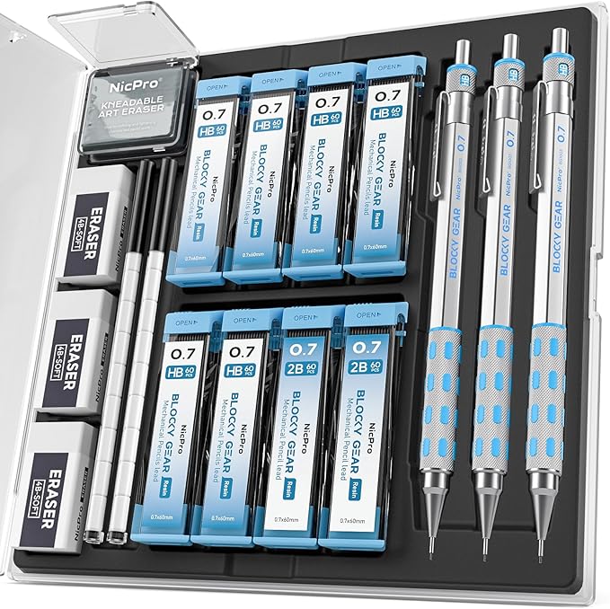 Nicpro Blocky Gear Mechanical Pencils 0.7 mm with Case, 3 Pack Drafting Pencil with 8 Tube (480PCS) Lead Refills(HB 2B), 4 Erasers, 18 Eraser Refills for Art Writing, Sketching Drawing