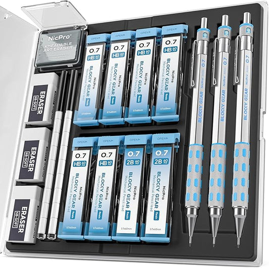 Nicpro Blocky Gear Mechanical Pencils 0.7 mm with Case, 3 Pack Drafting Pencil with 8 Tube (480PCS) Lead Refills(HB 2B), 4 Erasers, 18 Eraser Refills for Art Writing, Sketching Drawing
