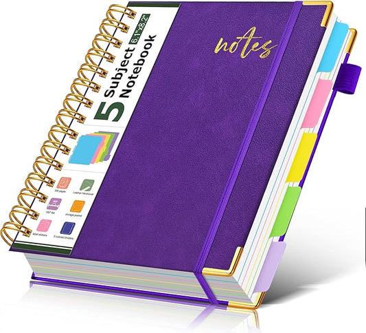 5 Subject Spiral Notebook Journal with Removable Dividers Tabs, 300 Pages Organizer Notebooks for Work School, A5 Hardcover Leather Notebook College Ruled, Lined Journal for Women Men，Purple