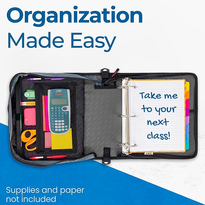Case-it Mighty Zip Tab School Zipper Binder | 3-Inch O-Rings, 600-Sheet Capacity, 5-Subject Expanding File Folder, Multiple Pockets & Storage Organizer, Shoulder Strap | D-146 Jet Black
