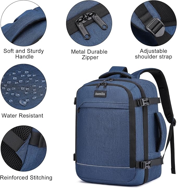 Asenlin Travel Backpack for Women Men,Flight Approved Carry On Luggage 40L Water Resistant Business Laptop Backpacks Fits TSA 17.3 Inch Computer College Weekender Outdoor Hiking-Blue