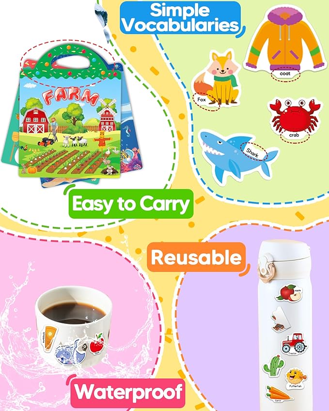 Benresive Reusable Sticker Book for Toddlers & Stickers for Kids, Toddler Travel Toys, Craft Activities, Boys & Girls Birthday Gifts