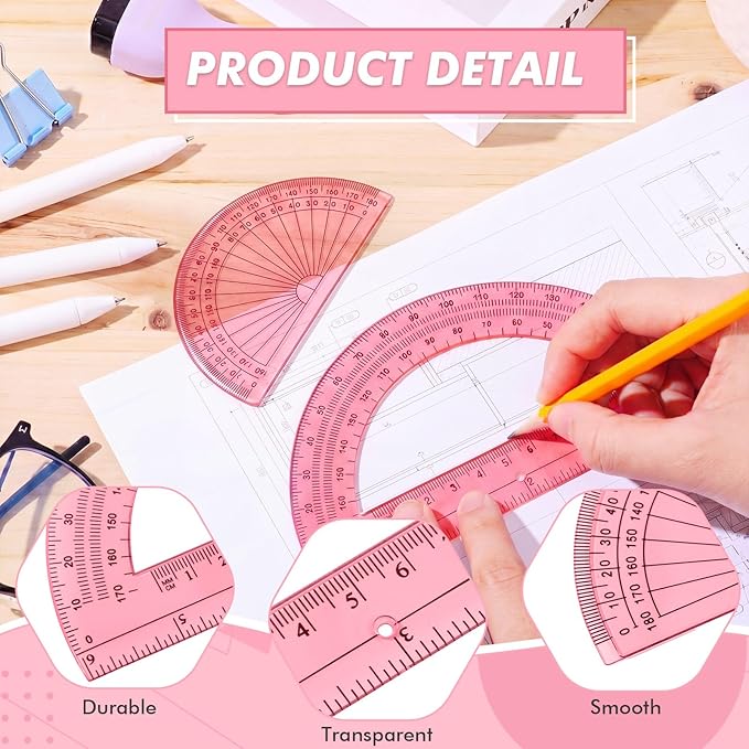 EBOOT 2 Pcs Plastic Protractor Clear 180 Degrees Transparent Protractor for Geometry, 4 Inch and 6 Inch(Light Pink)