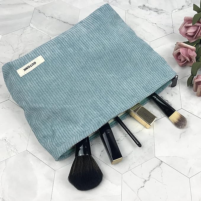 GUTGNK Corduroy Ladies Cosmetic Bag, Large Capacity Canvas Cosmetic Bag Travel Toiletry Bag Accessories Organizer, Light Blue Gray