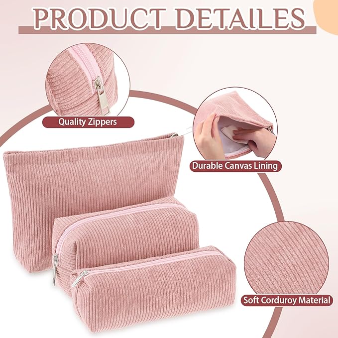 Huhumy 3 Pcs Makeup Bag Set for Women Corduroy Cosmetic Pouch Aesthetic Smile Travel Toiletry Bag Cute Purse Pouch Pencil Case Makeup Brushes Storage Organizer with Zipper(Pink,Solid Style)