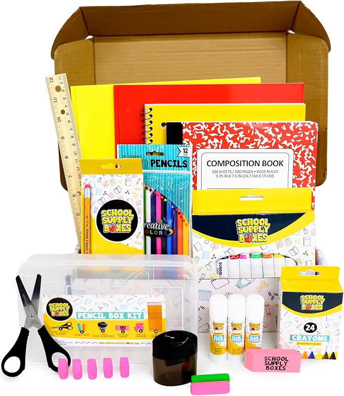 School Supply Boxes | K-5 Case (4 Boxes) | Back to School Essentials Kit for Students & Teachers | Includes Wide-Ruled Paper Products, Crayons, Markers, Colored Pencils, & More
