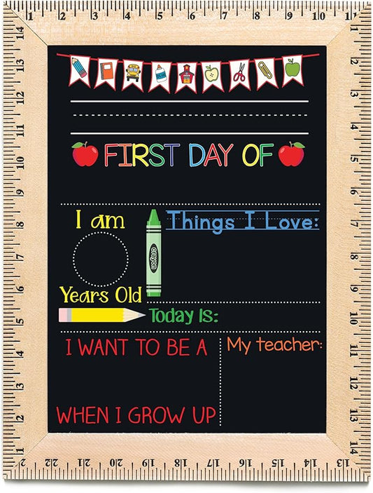 Bloom Owl First Day of School Chalkboard Sign - 11.5"x15" Reusable Back to School Photo Prop with Wooden Ruler Frame for Preschool, Kindergarten, and Beyond (Green Crayon)