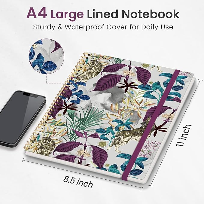 Taja Large Spiral Lined Journal for Women, 8.5" x 11" Notebooks for Work Collge Ruled, A4 Aesthetic Cute Journaling Notebooks for Writing, Plastic Cover, Jungle
