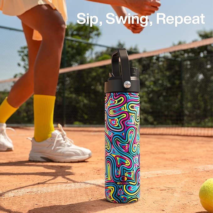 ENCOOL Insulated Water Bottle with Straw Stainless Steel Water Bottle, Leak-Proof, BPA-Free, Double Wall Vacuum Keeps Cold for 24 Hours for Sports, Travel, School (26 oz, Heart Swirl Black)