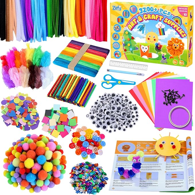 Zefy 3200+ Pcs Arts and Crafts Supplies for Kids, All in One Craft Kits with 12 Crafts Design, DIY School Supplies Kit Craft Box Easter Gifts for Girls Boys Ages 4-12