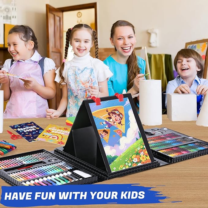 All in One Art Supplies, Art Kit Includes Origami & Paper-Cutting Crafts, Easel, Colored Pencils, Crayons, Drawing Book, Coloring Book, Watercolor Markers and More, Art Set for Kids Girls Boys, Black