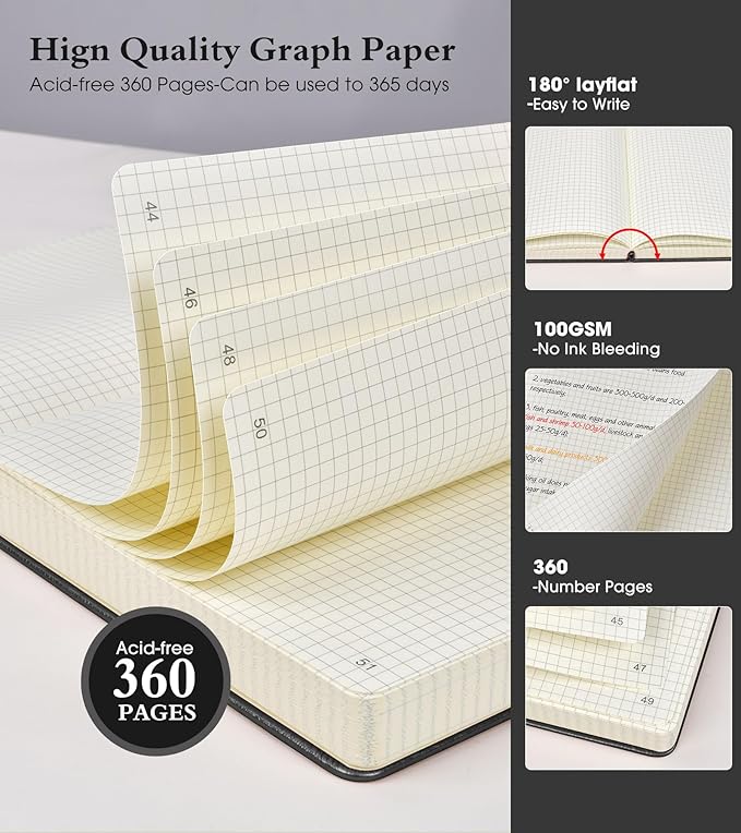 Ansopu Graph Paper Notebook Journal,360 Numbered Pages Grid Notebooks,Thick 100gsm Graphing Paper Notebook Journal for Writing Women Men, A5 Large Hardcover Leather Graph Notebook 5.75''× 8.38''Black