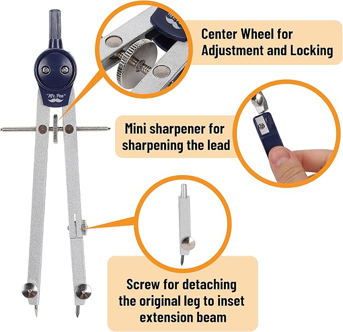 Mr. Pen- Professional Geometry Set, 7 pcs, Metal Compasses with Center Wheel & Extension Leg, Precision Drafting Kit with Storage Box for Geometry, Technical Drawing, Engineering & Architecture