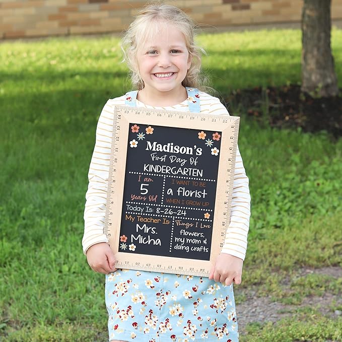 Bloom Owl First Day of School Chalkboard Sign - 11.5"x15" Reusable Back to School Photo Prop with Wooden Ruler Frame for Preschool, Kindergarten, and Beyond (Earthy Flowers)