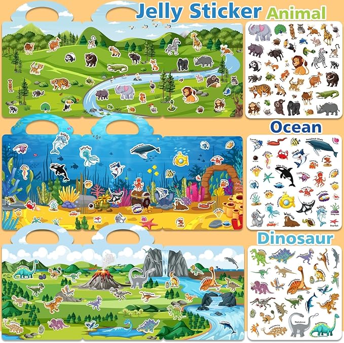3 Sets of Reusable Jelly Stickers Books - Jelly Sticker Books for Kids - Airplane and Car Travel Toys Educational Gifts for Boys and Girls (Dinosaur+Ocean+Animal