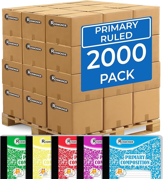 Rosmonde 2000 Pack (Pallet) Primary Composition Notebooks Bulk, Primary Journal with Writing & Drawing Space, 9-3/4 x 7-1/2, 100 Sheets (200 Pages), Grades K-2, Bulk School Supplies, 4-7 Days Transit
