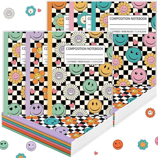 Fullhawl 6 Pcs Composition Notebook Wide Ruled Cute Preppy Black White Checkered Aesthetic Notebook for Back to School 110 Page 9-3/4 x 7-1/2" Journal Gift for First Day of School, Student, Teacher