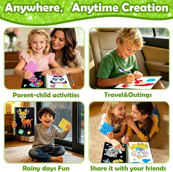 FUNNYB&G Foil Art Craft Kit for Kids 4-10 Years Old: Mess-Free & No-Glue, Create 16 Sparkly Animal World Pictures – Perfect Travel Toy & Birthday Gift for Kids (Animal World)
