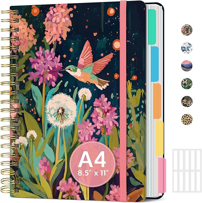 Large Spiral Notebook with Dividers & Tabs, 8.5" x 11" Hardcover 5 Subject Notebook for Work, 280 Pages, College Ruled, Cute Journal for Women, Perfect for Study & Office Note Taking, Humming Glow