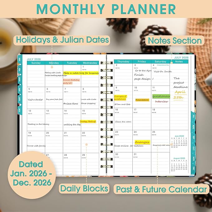 Ymumuda 2026 Planner, Daily Weekly and Monthly Planner，Jan 2026 - Dec 2026, 8.4" x 6.3", 2026 Calendar Planner Book with Tabs, Spiral Notebook with Inner Pocket for Office Home School Supplies