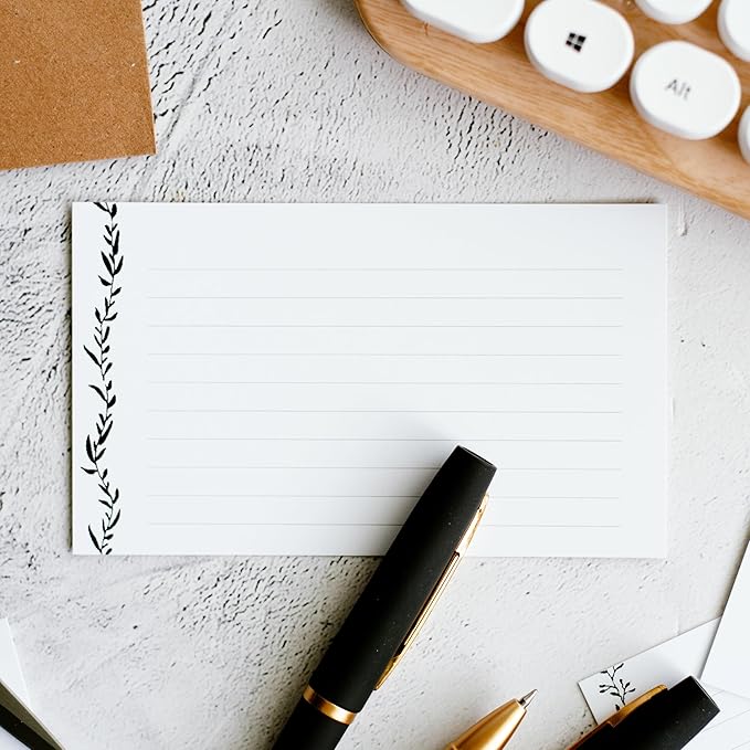 Leaf Garland Index Cards by Pure Print and Design | Floral Flash Cards Perfect For Study Sessions & Learning | 100 Cards of Premium Quality with 5 Different Designs | Black and White | 3x5 inches