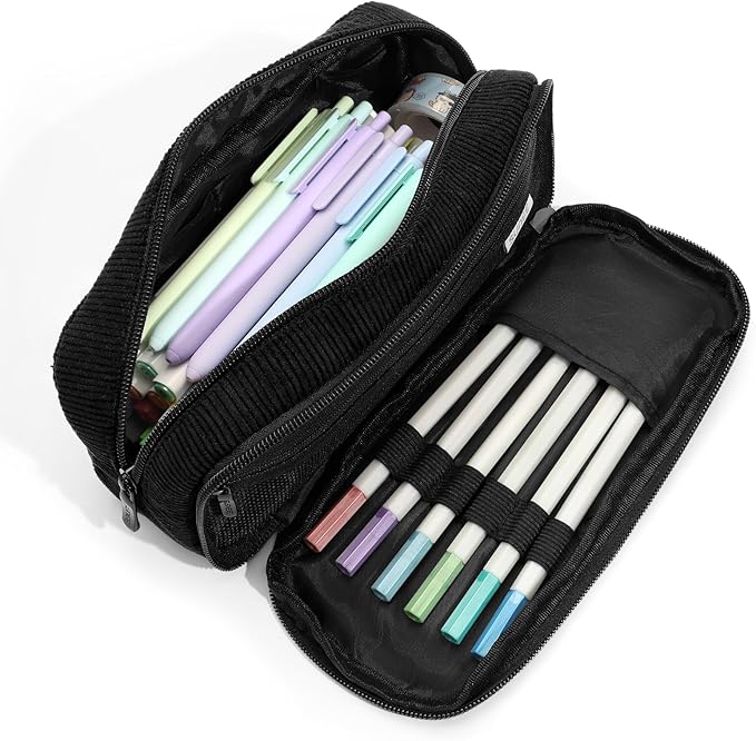 SUNEE Pencil Case, Large Capacity Pencil Pouch, Aesthetic Big Pen Bag, Soft Corduroy Pen Box for Office Stationery Organizer School Supplies Multifunctional for Teen Boys Girls Women Men, Jet Black