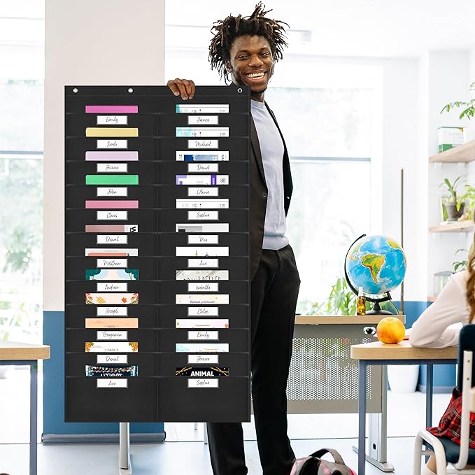 24 Pockets Heavy Duty Storage Chart, Hanging Wall File Organizer, Plus 4 Over Door Metal Hangers, 2 Markers & 24 Erasable Blank Cards, Organize Your Assignments, Files, Scrapbooks Papers (28” x 50.5”)
