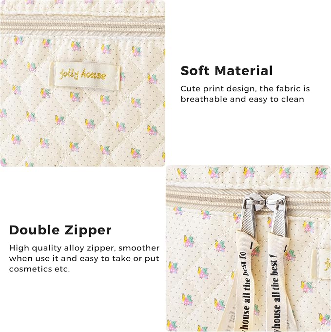 HBselect Quilted Makeup Bag, 3Pcs Cotton Large Travel Makeup Bags Organizer | Cute Floral Make up Bag Cosmetic Bag Toiletry Bag for Women Girls, Makeup Pouch for Skincare, Brushes & Travel Essentials