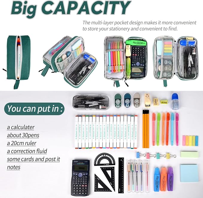 Large Capacity Pencil Case,Multifunction Pencil Pouch,Pencil Bags with Zipper 3 Compartments Pencil case organizer for or School Teen Girl Boy Men Women（Green）