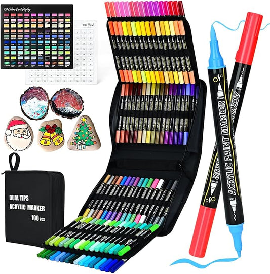 IVSUN 100 Acrylic Paint Markers, 12 Metallic & 88 Regular Colors Dual Tip Metallic Marker Pens for Black Paper, Photo Album, Rock Painting, Glass, Wood, Card Making, Scrapbook Supplies, DIY Crafts