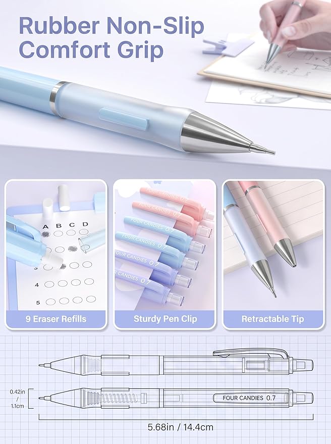 Four Candies 3PCS Cute Mechanical Pencils Set, 0.9mm with 360PCS Thick Leads, Pastel Erasers & Case, Preppy Aesthetic School Supplies for Fast Note-Taking, Bold Sketching and Art Drawing