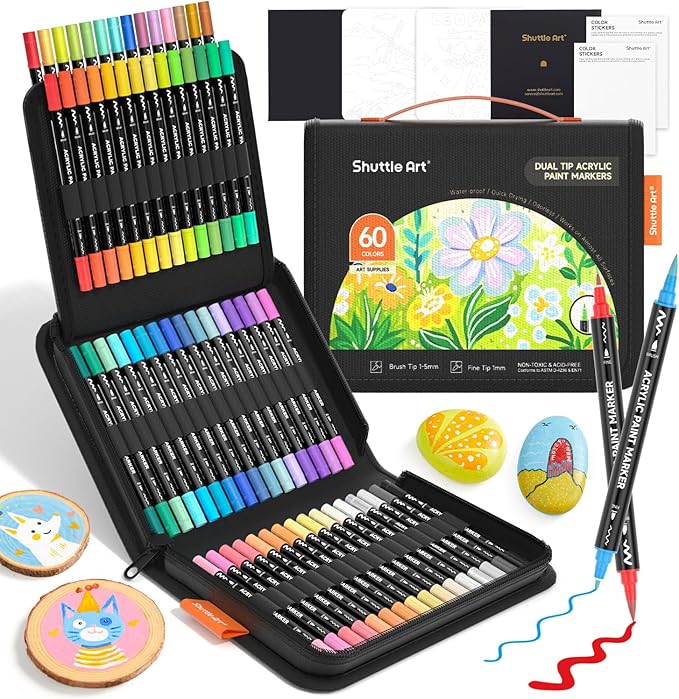 Shuttle Art 60 Colors Dual Tip Acrylic Paint Markers, Brush Tip and Fine Tip Acrylic Paint Pens for Rock, Ceramic, Wood, Canvas, Plastic, Glass, Stone, Calligraphy, Card Making, DIY Crafts