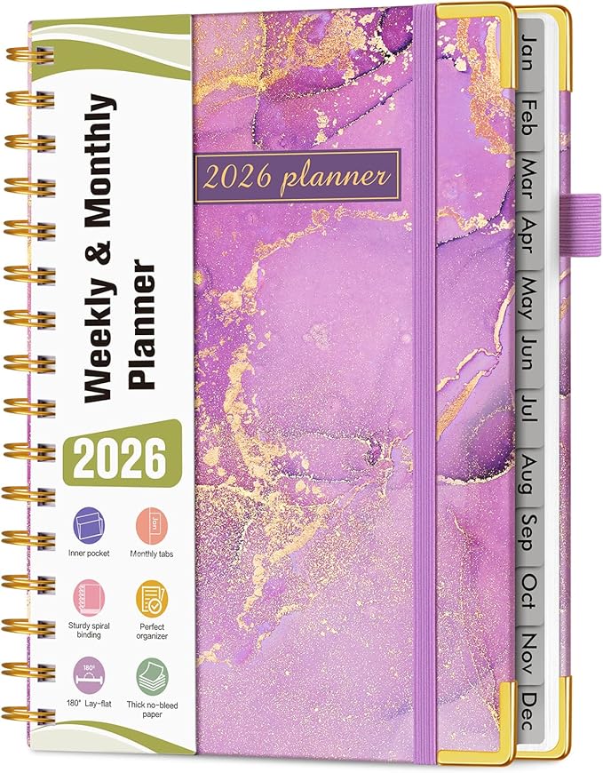 2026 Planner, Hardcover Weekly and Monthly Planner, January 2026 - December 2026, Spiral Yearly Agenda Organizer Book 2026 with Tabs, Daily Calendar Planners for School Work Home, A5 (5.75" x 8.38"), Purple Marble