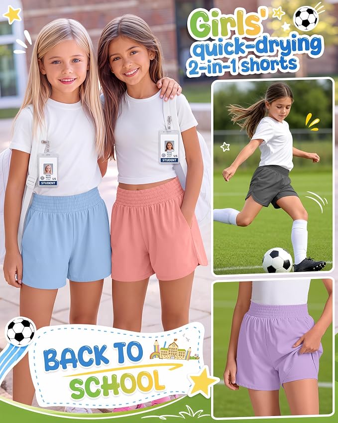 4 Pack Girls Athletic Shorts 2 in 1 Quick Dry High Waist Tween Shorts with Liner Kids Back to School Running Shorts
