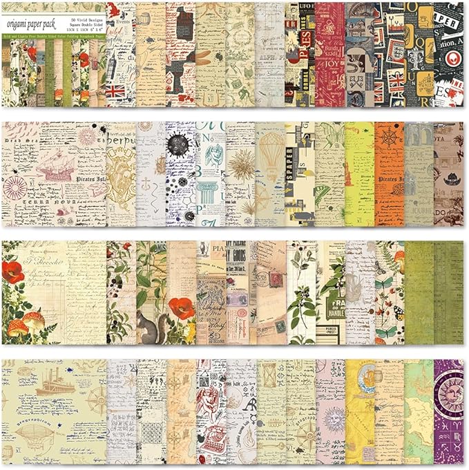 Square Origami Paper 6x6 Double Sided 50 Sheets 50 Colors 70GSM Origami Kit Japanese Chiyo Easy Fold Arts Crafts DIY Handwork Retro Newspapers