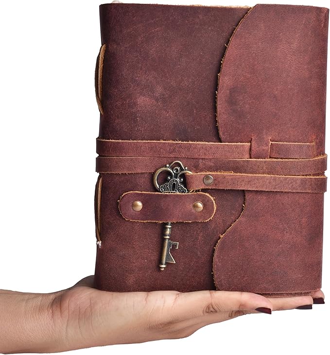 LEATHER VILLAGE Vintage Leather Journal – 200 Handmade Vintage Deckle Edge Paper – Leather bound Journal For Women Men – Vintage Key Closure - Book of Shadows - Red Brown - 6X4 inches (A6)