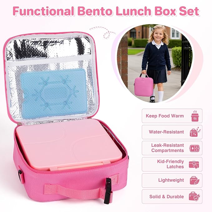 Bento Lunch Box with 8oz Soup Thermo,Kids Leakproof 4 Compartment Lunch Food Containers with Sauce Cup and Ice Pack,Kids Thermo Insulated Hot Food Jar and Lunch Bag for School,Trvael-Pink