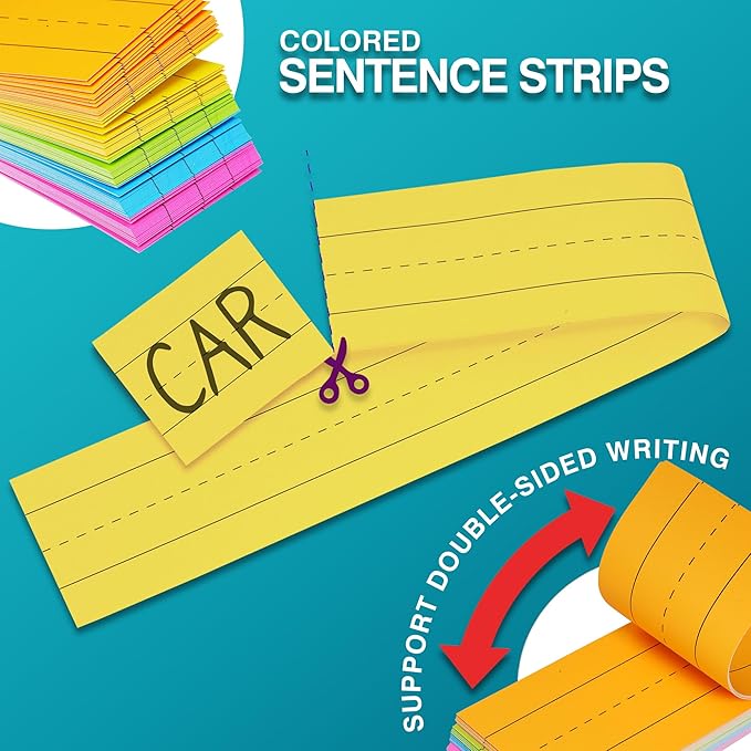 Chell Colored Sentence Strips Cardstock, Pack of 100, 3” x 24” Rainbow Color Word Learning Strips Handwriting Practice Tools for Teachers, Classroom and Office, 5 Colors