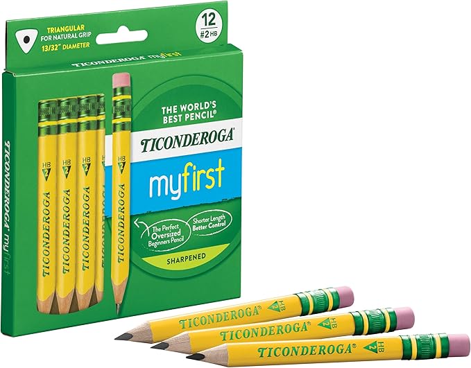 Ticonderoga My First Half-Size Wooden Pencils, Large Triangle-Barrel Pre-Sharpened #2 (HB) Short 4.5" Yellow Pencils with Erasers, Yellow, 12/Pack