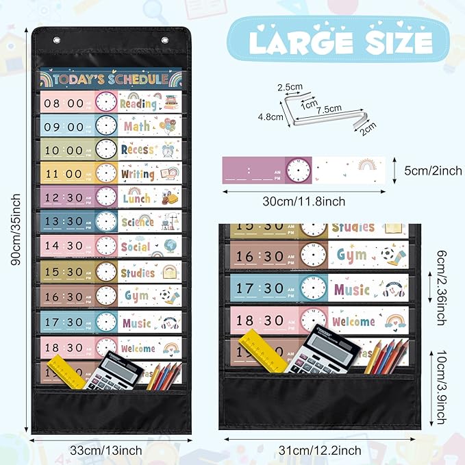 Boho Daily Schedule Pocket Chart for Classroom, 13+1 Pockets with 42 Designed Schedule Cards, Black Classroom Kids Daily Schedule Pocket Chart for Home Office Back to School Classroom Decorations