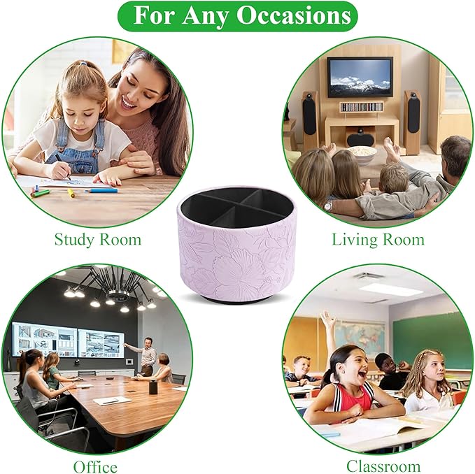 Round Leather Art Supply Organizer,Remote Control Holder,360 Degree Spinning,Multi-Functional Pencil Holder,4 Compartments Desktop Stationary Organizer(1-Carved Purple)