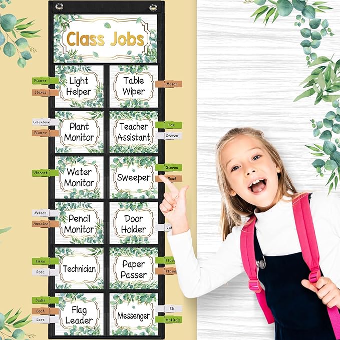 Pasimy Eucalyptus Class Jobs Pocket Chart Class Helpers Pocket Chart Classroom Jobs Cards with Clips and Hooks Teacher Helper Bulletin Board Set for Back to School Classroom Teacher Supplies