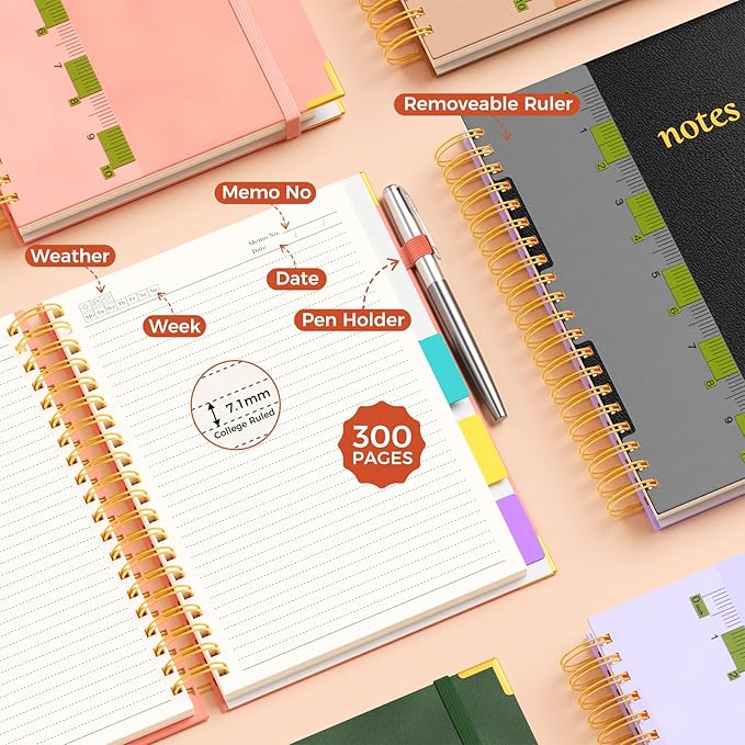 XYark A4 Hardcover Spiral Notebook, 8.5"x11" College Ruled Notebooks with Removable Dividers Tabs & Ruler, 5 Subject Notebook 300 Pages, Large Lined Journal for Women Men School Work Office, Black