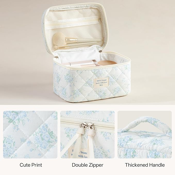 HBselect Quilted Makeup Bag, 3Pcs Cotton Large Travel Makeup Bags Organizer | Cute Floral Make up Bag Cosmetic Bag Toiletry Bag for Women Girls, Makeup Pouch for Skincare, Brushes & Travel Essentials