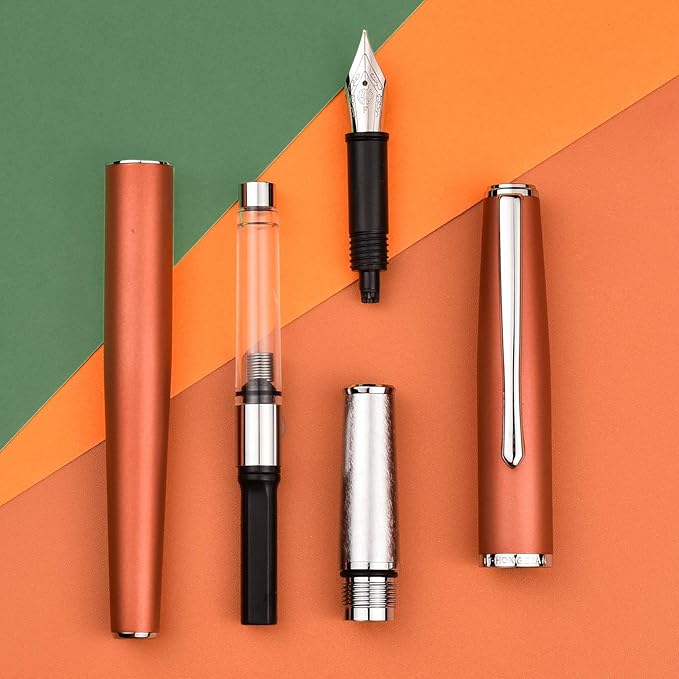 Hongdian 920 Orange Metal Fountain Pen, Iridium Extra Fine Nib Classic Pen, Includes Refillable Converter and Pen Pouch